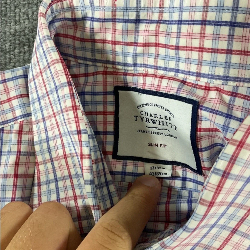 Charles Tyrwhitt Slim Fit Dress Shirt Mens 17/35 Blue Red Check Non Iron LS